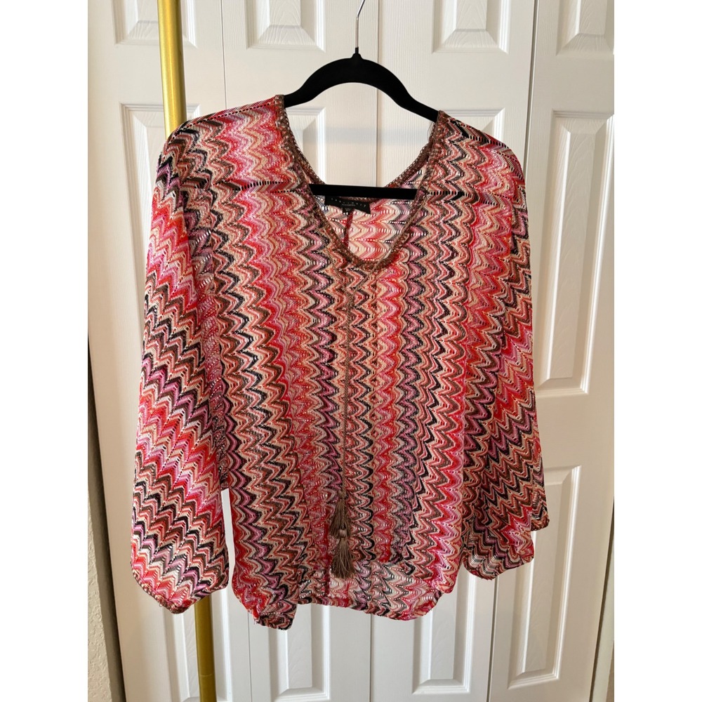 Sanctuary Clothing Pink Red Chevron Crochet Knit V-Neck Tassel Top XS